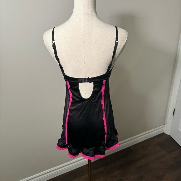 Y2K Black & Hot Pink Satin Babydoll Slip Dress • Vintage Lingerie Nightie - Picture 6 of 6